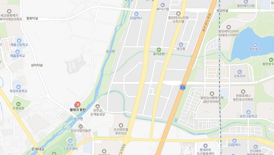 동탄휠테크 위치 지도 — 오산천 옆, 경기도 화성시 금곡로 13